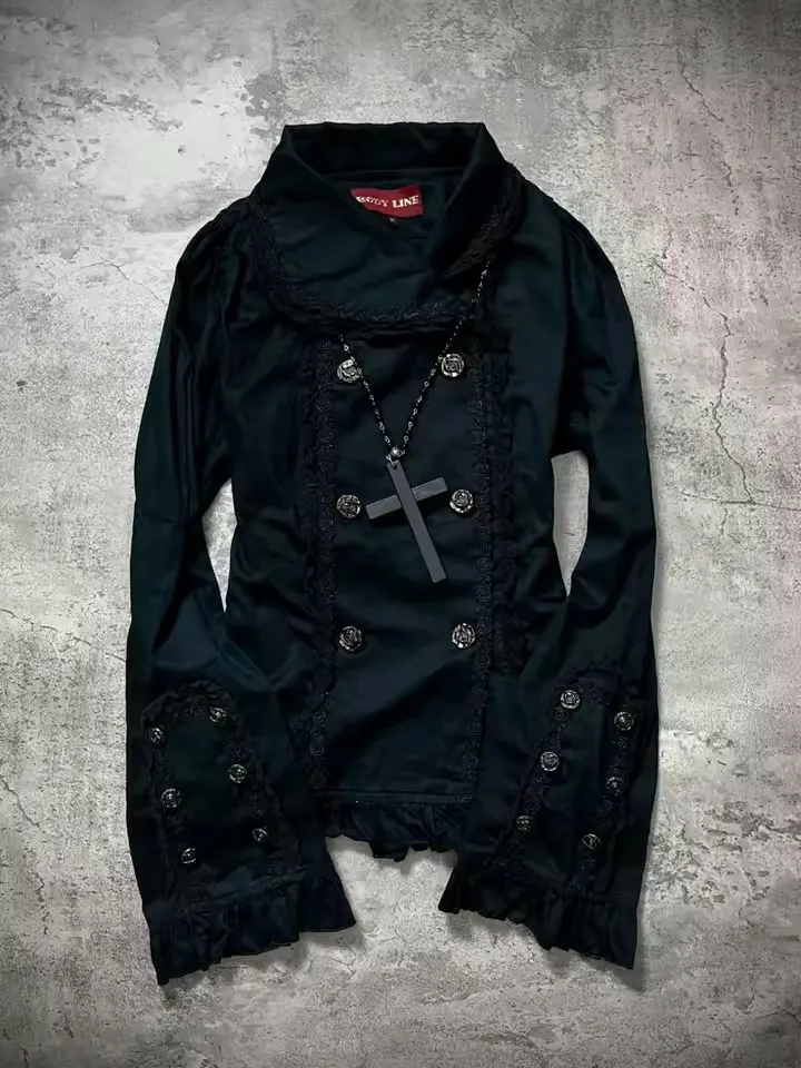 Harajuku Gothic Black Lace Trimmed Turtleneck Top Women Lace Trimmed ButtonUp Hoodie Y2K Trendy Streetwear Casual Ruffled Jacket