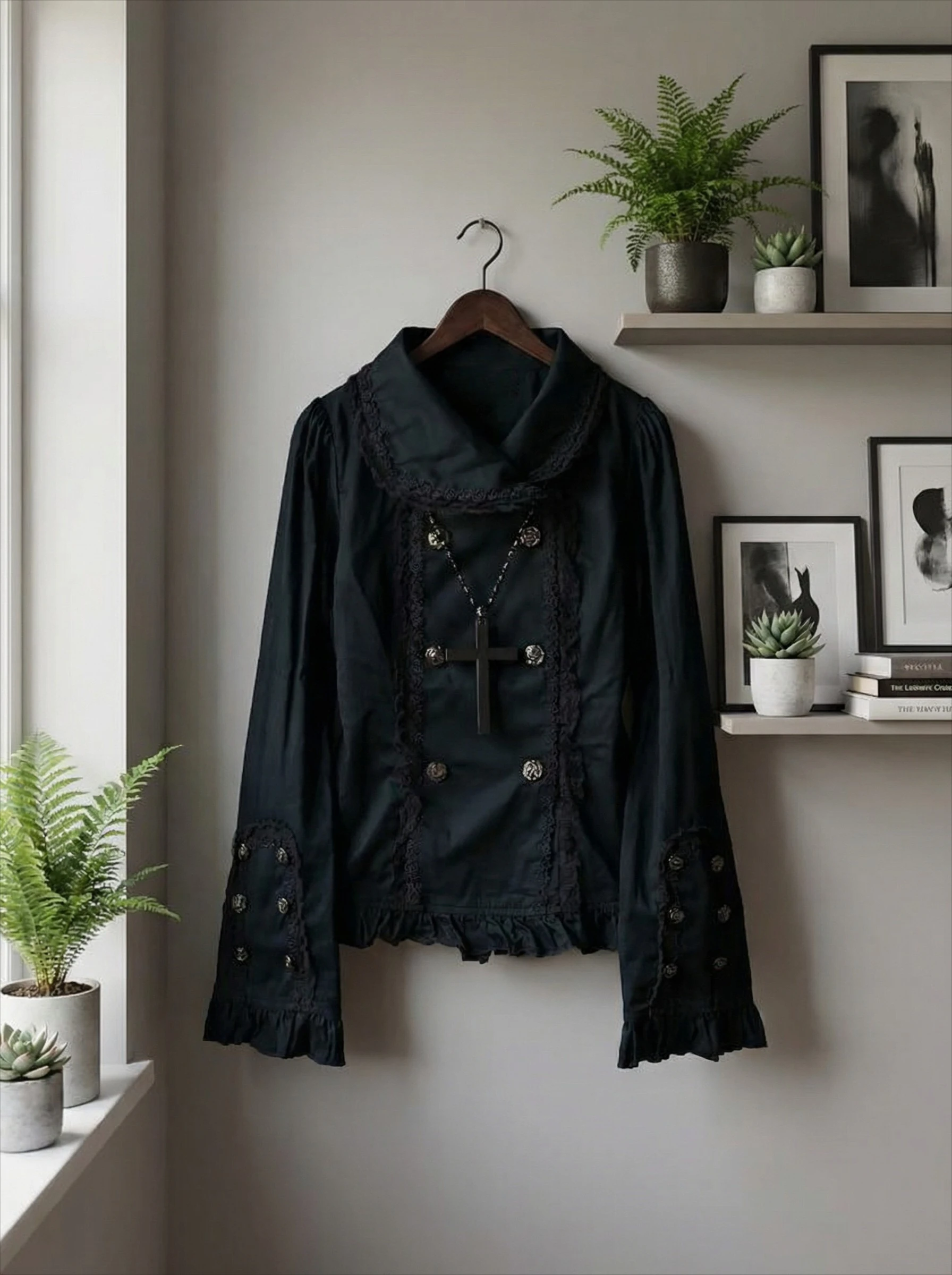 Harajuku Gothic Black Lace Trimmed Turtleneck Top Women Lace Trimmed ButtonUp Hoodie Y2K Trendy Streetwear Casual Ruffled Jacket