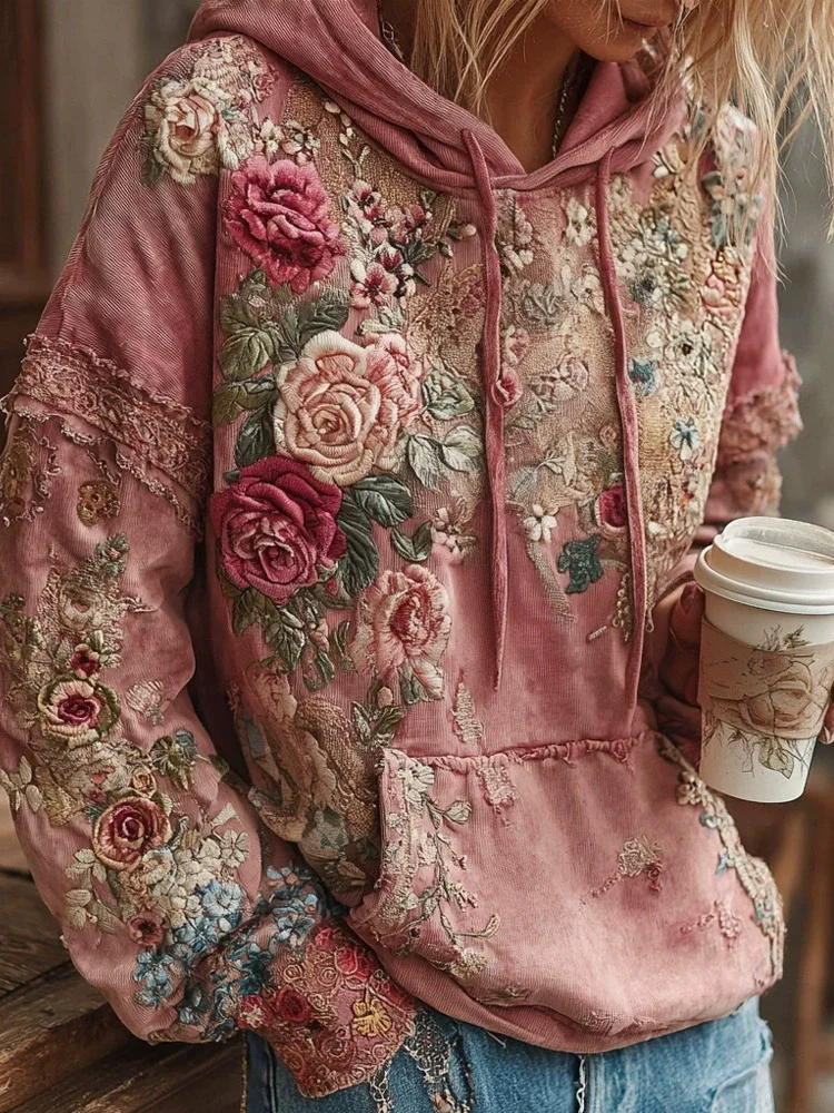 Casual French Flower Hoodie Top Women Autumn Spring Y2K Hoodie Floral Print Hoodie Loose Thin Polo Neck Coat Oversized Top New
