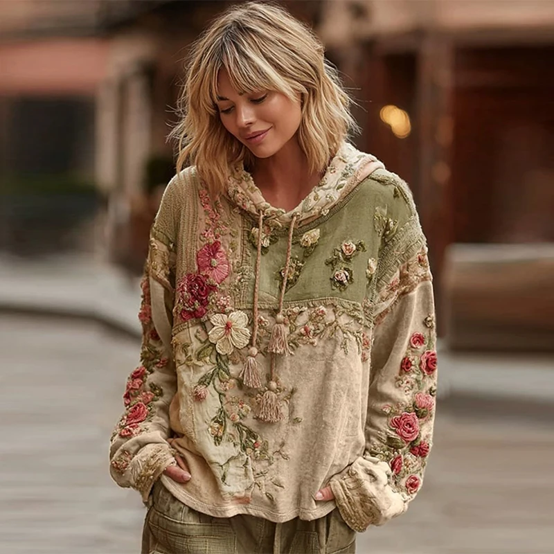 Casual French Flower Hoodie Top Women Autumn Spring Y2K Hoodie Floral Print Hoodie Loose Thin Polo Neck Coat Oversized Top New