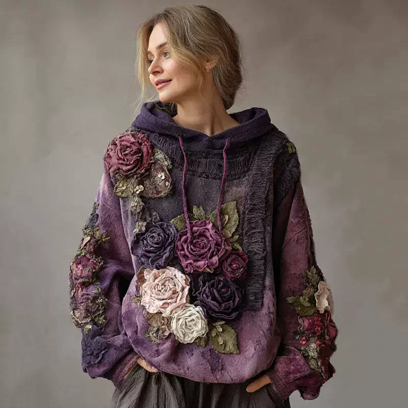 Casual French Flower Hoodie Top Women Autumn Spring Y2K Hoodie Floral Print Hoodie Loose Thin Polo Neck Coat Oversized Top New