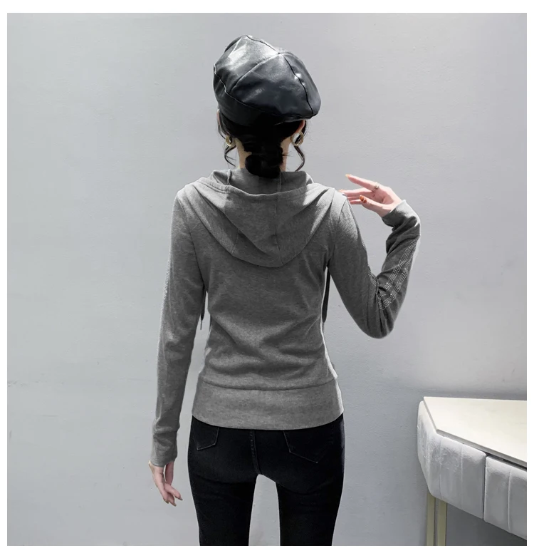 European Clothes Jacket Women Hooded Zipper Hot Diamonds Slim Top Casual Long Sleeve T-shit Autumn Winter