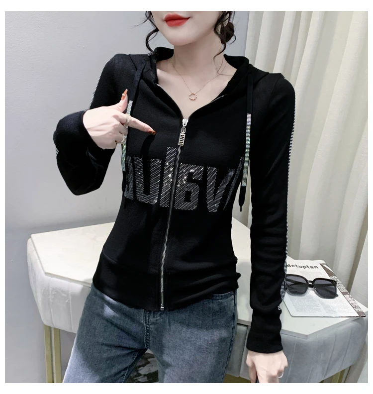 European Clothes Jacket Women Hooded Zipper Hot Diamonds Slim Top Casual Long Sleeve T-shit Autumn Winter