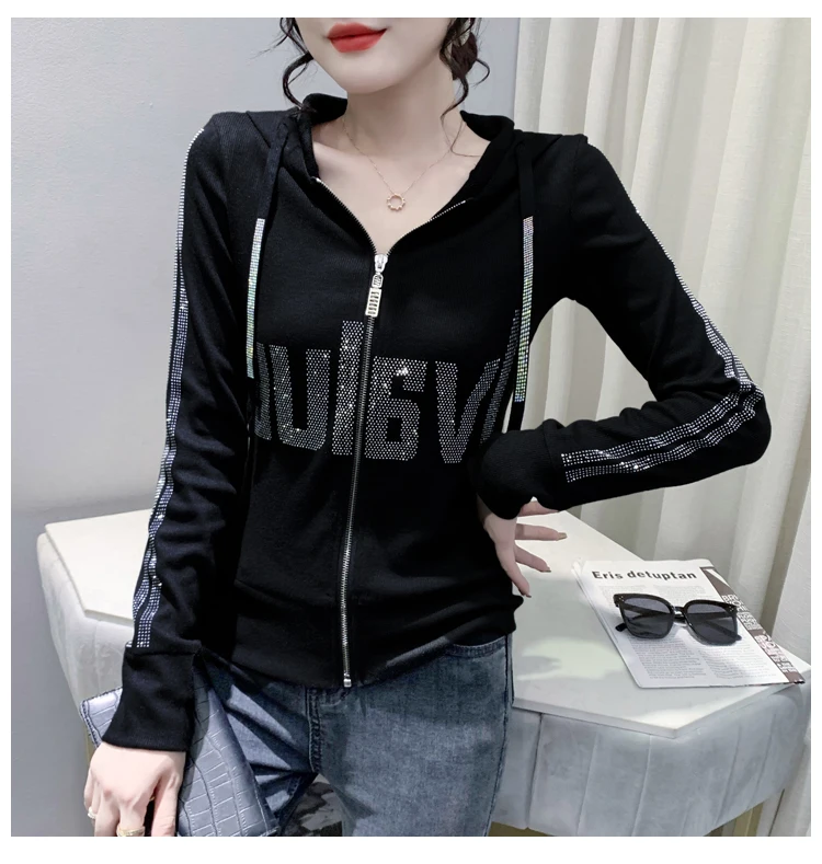 European Clothes Jacket Women Hooded Zipper Hot Diamonds Slim Top Casual Long Sleeve T-shit Autumn Winter