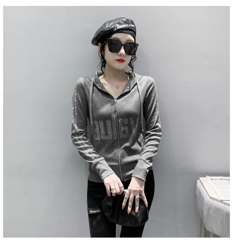 European Clothes Jacket Women Hooded Zipper Hot Diamonds Slim Top Casual Long Sleeve T-shit Autumn Winter