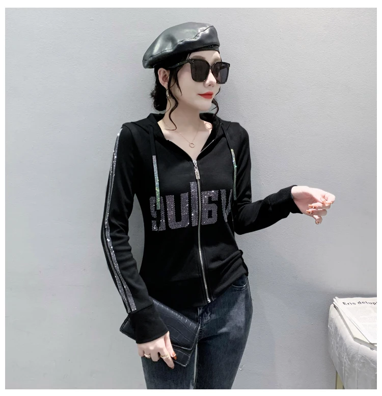European Clothes Jacket Women Hooded Zipper Hot Diamonds Slim Top Casual Long Sleeve T-shit Autumn Winter