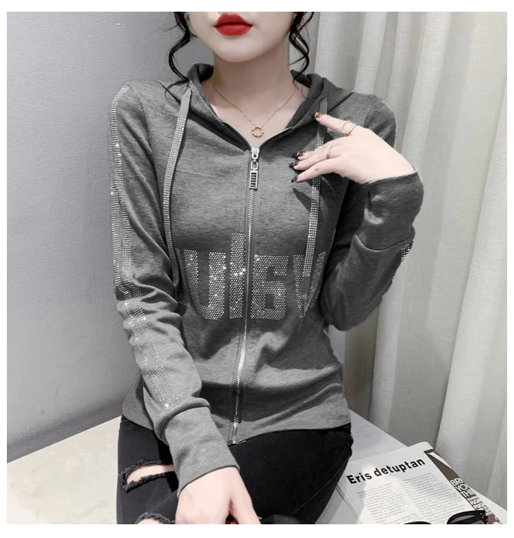 European Clothes Jacket Women Hooded Zipper Hot Diamonds Slim Top Casual Long Sleeve T-shit Autumn Winter