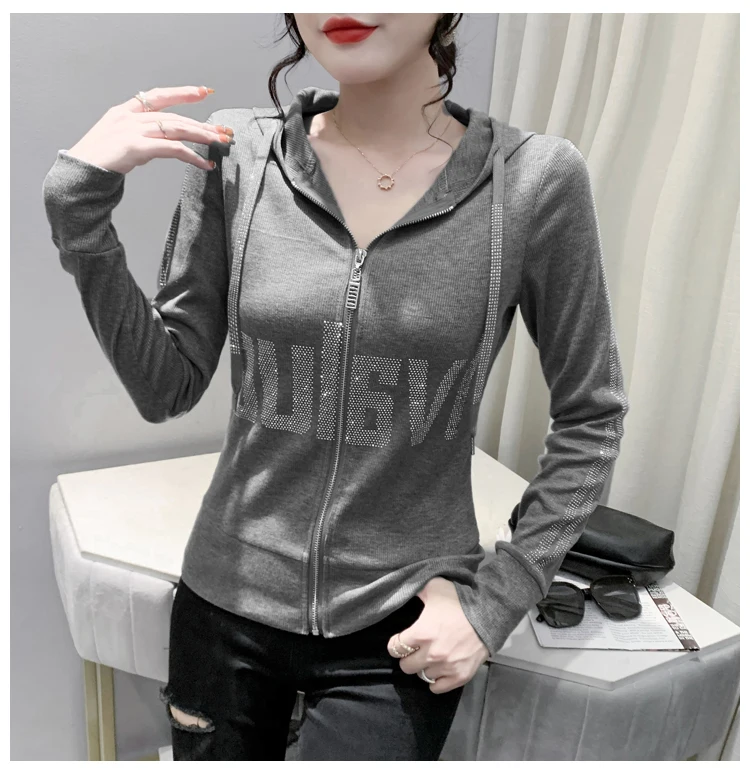 European Clothes Jacket Women Hooded Zipper Hot Diamonds Slim Top Casual Long Sleeve T-shit Autumn Winter