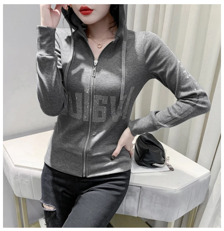 European Clothes Jacket Women Hooded Zipper Hot Diamonds Slim Top Casual Long Sleeve T-shit Autumn Winter