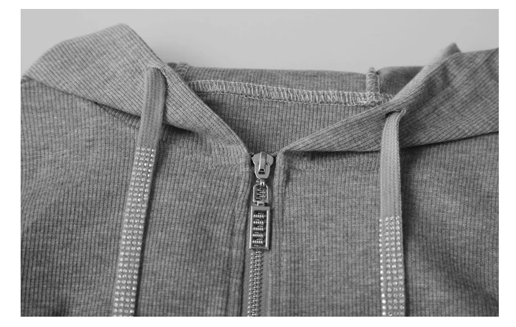 European Clothes Jacket Women Hooded Zipper Hot Diamonds Slim Top Casual Long Sleeve T-shit Autumn Winter