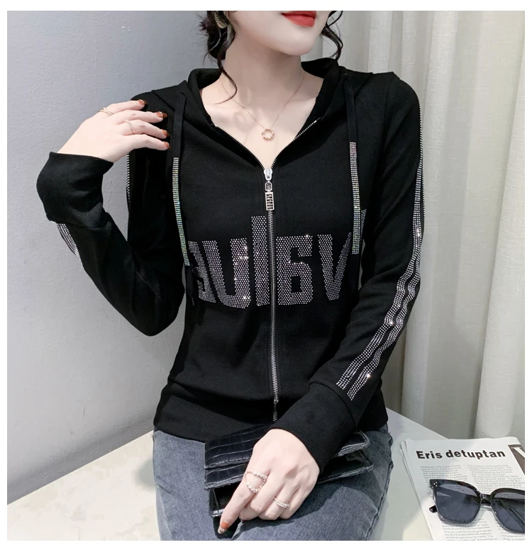 European Clothes Jacket Women Hooded Zipper Hot Diamonds Slim Top Casual Long Sleeve T-shit Autumn Winter