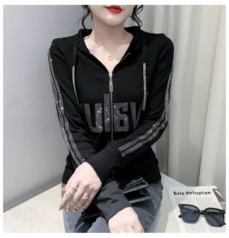European Clothes Jacket Women Hooded Zipper Hot Diamonds Slim Top Casual Long Sleeve T-shit Autumn Winter