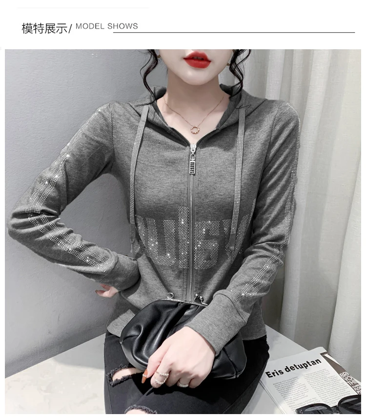 European Clothes Jacket Women Hooded Zipper Hot Diamonds Slim Top Casual Long Sleeve T-shit Autumn Winter