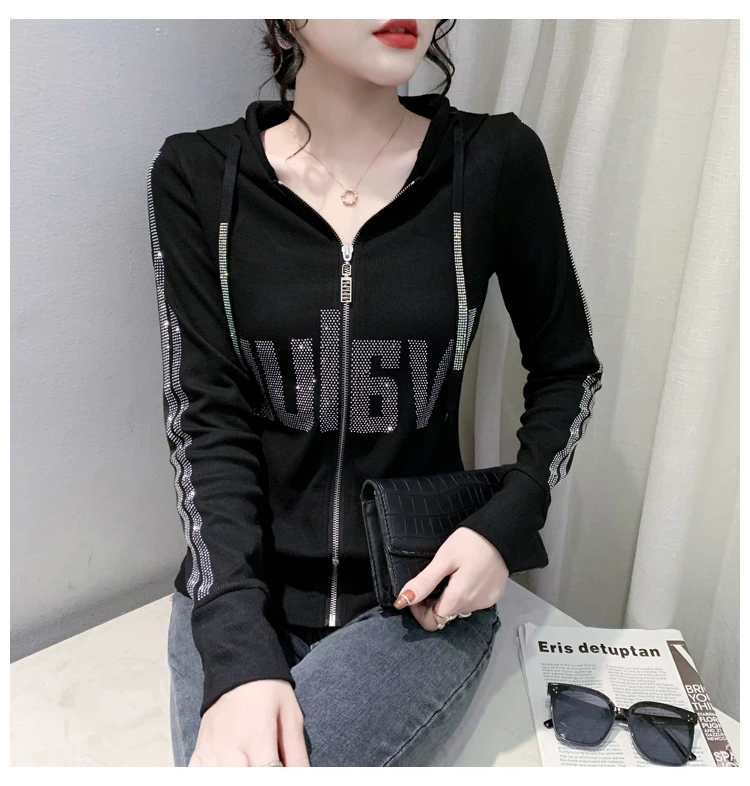European Clothes Jacket Women Hooded Zipper Hot Diamonds Slim Top Casual Long Sleeve T-shit Autumn Winter