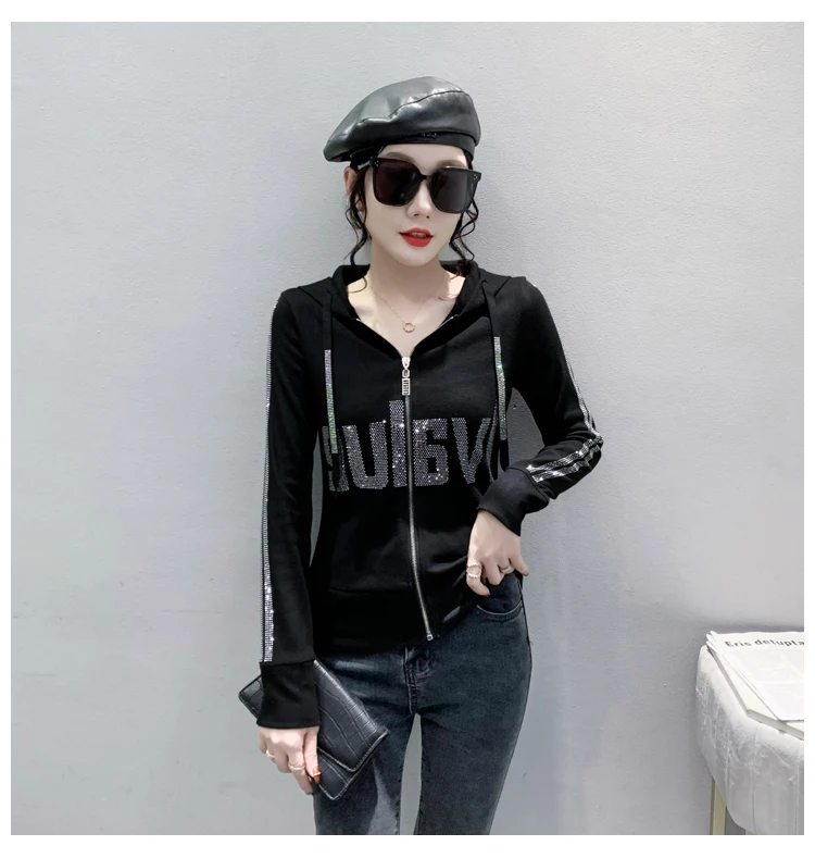 European Clothes Jacket Women Hooded Zipper Hot Diamonds Slim Top Casual Long Sleeve T-shit Autumn Winter