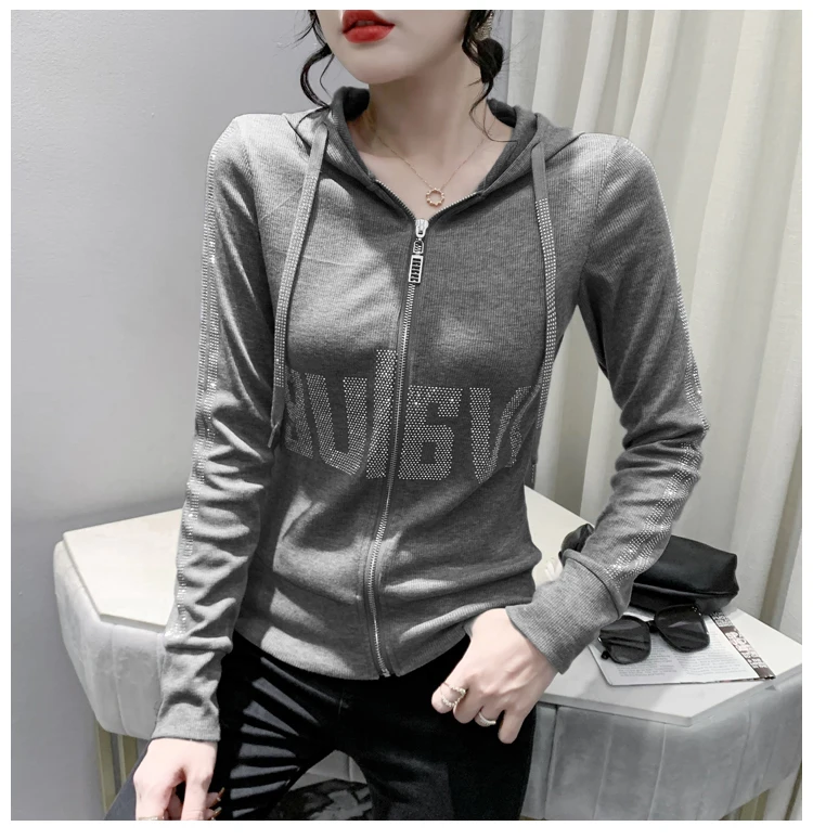 European Clothes Jacket Women Hooded Zipper Hot Diamonds Slim Top Casual Long Sleeve T-shit Autumn Winter