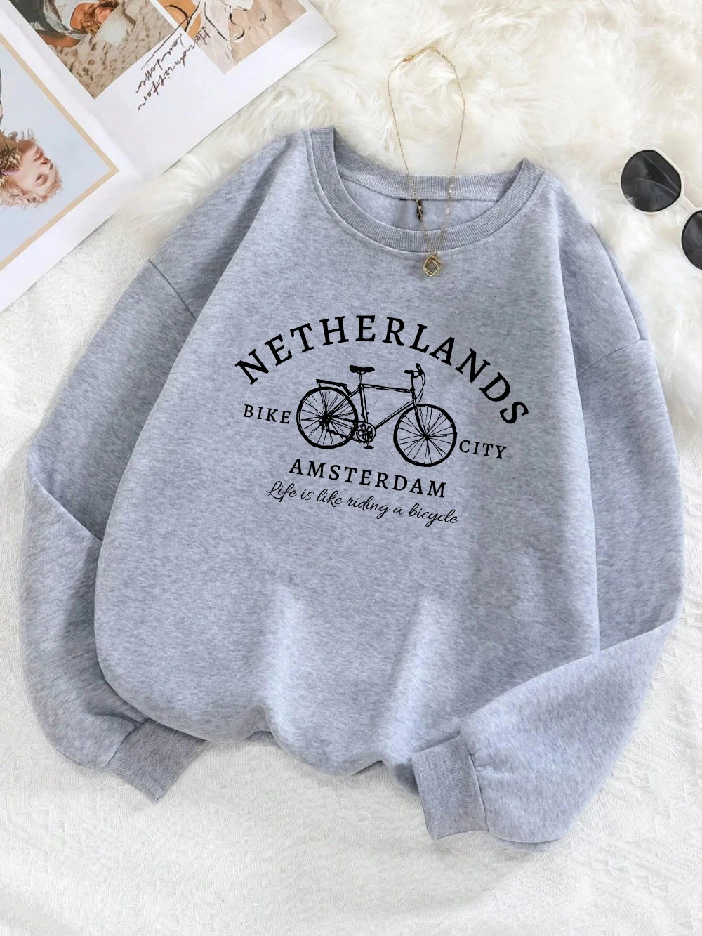 Netherlands Amsterdam Bike Design Womens Pullovers Fleece Casual Sweatshirt Autumn Loose Clothes Crewneck All-Match Sportswears