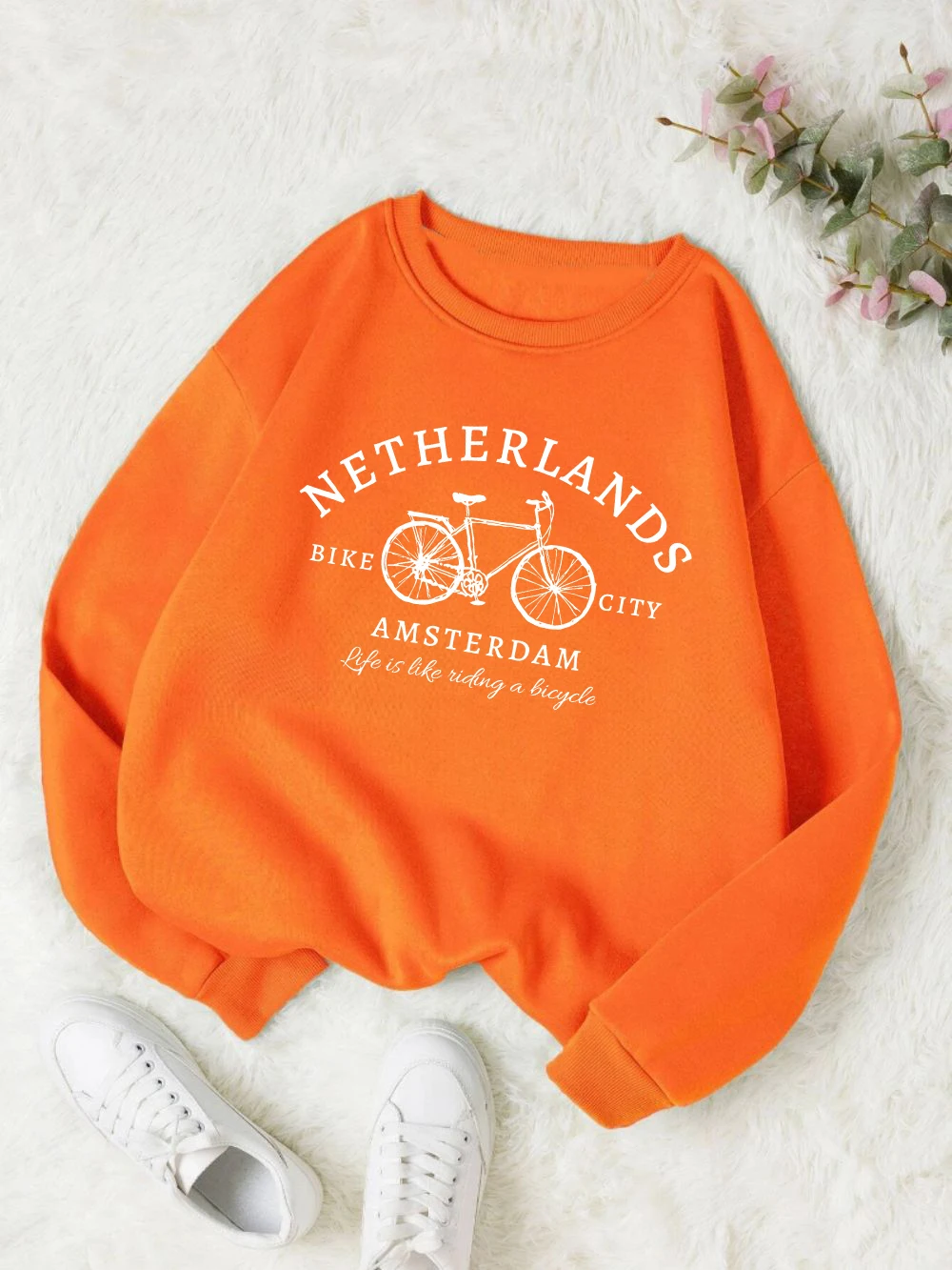 Netherlands Amsterdam Bike Design Womens Pullovers Fleece Casual Sweatshirt Autumn Loose Clothes Crewneck All-Match Sportswears