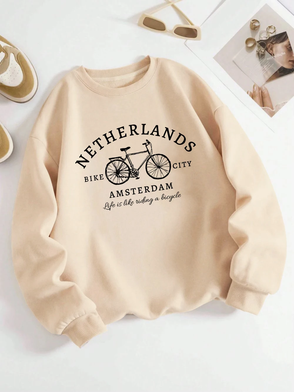Netherlands Amsterdam Bike Design Womens Pullovers Fleece Casual Sweatshirt Autumn Loose Clothes Crewneck All-Match Sportswears