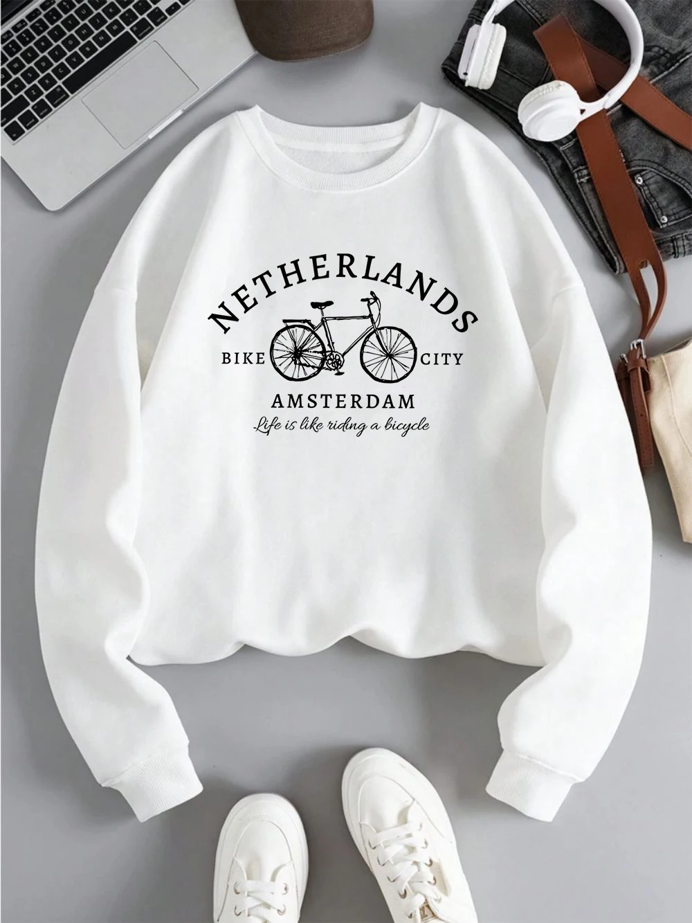 Netherlands Amsterdam Bike Design Womens Pullovers Fleece Casual Sweatshirt Autumn Loose Clothes Crewneck All-Match Sportswears