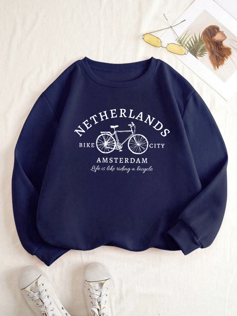 Netherlands Amsterdam Bike Design Womens Pullovers Fleece Casual Sweatshirt Autumn Loose Clothes Crewneck All-Match Sportswears