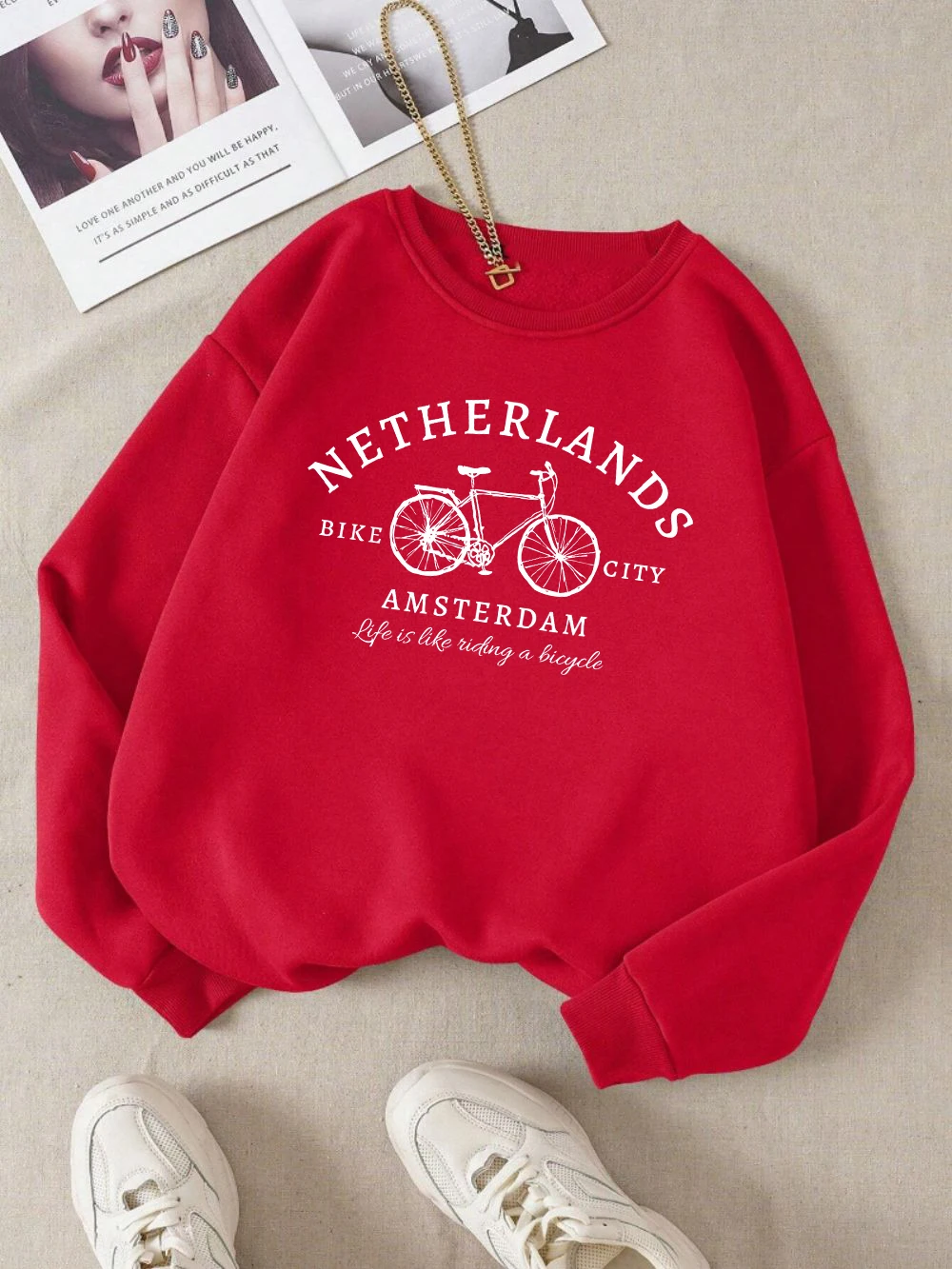 Netherlands Amsterdam Bike Design Womens Pullovers Fleece Casual Sweatshirt Autumn Loose Clothes Crewneck All-Match Sportswears