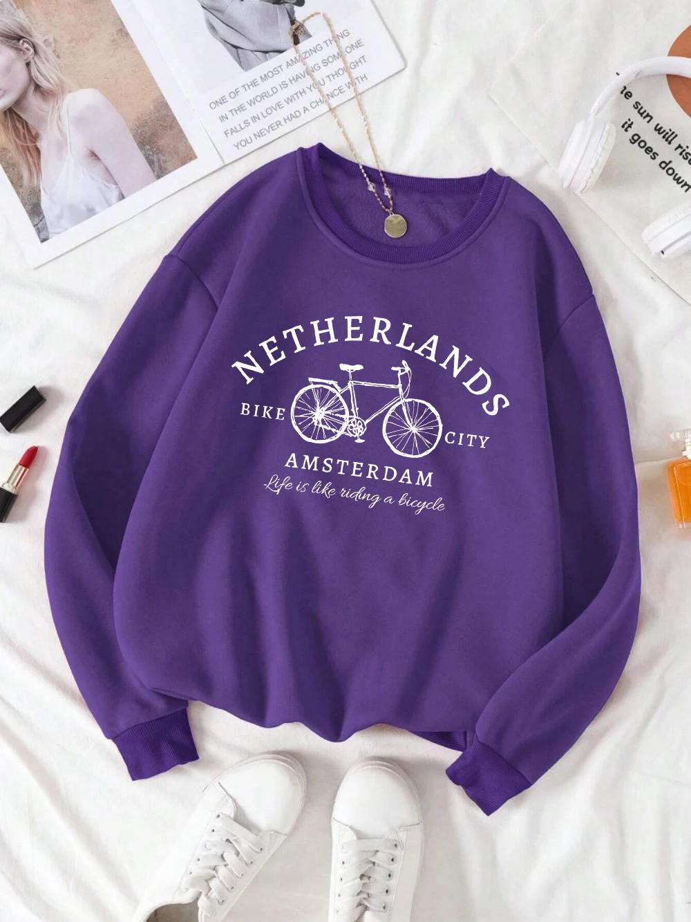 Netherlands Amsterdam Bike Design Womens Pullovers Fleece Casual Sweatshirt Autumn Loose Clothes Crewneck All-Match Sportswears