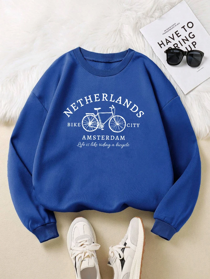Netherlands Amsterdam Bike Design Womens Pullovers Fleece Casual Sweatshirt Autumn Loose Clothes Crewneck All-Match Sportswears