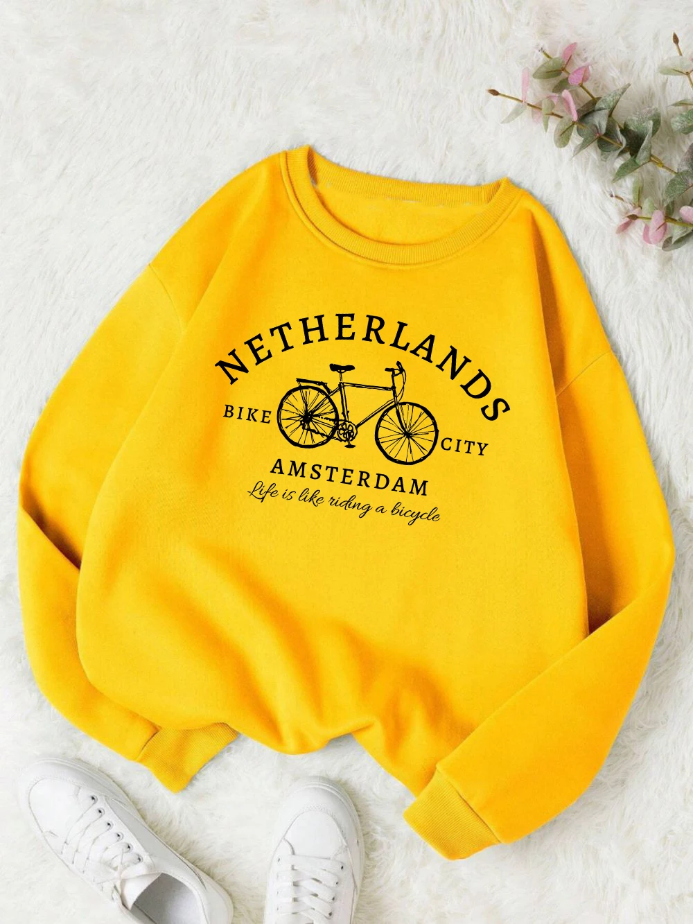 Netherlands Amsterdam Bike Design Womens Pullovers Fleece Casual Sweatshirt Autumn Loose Clothes Crewneck All-Match Sportswears