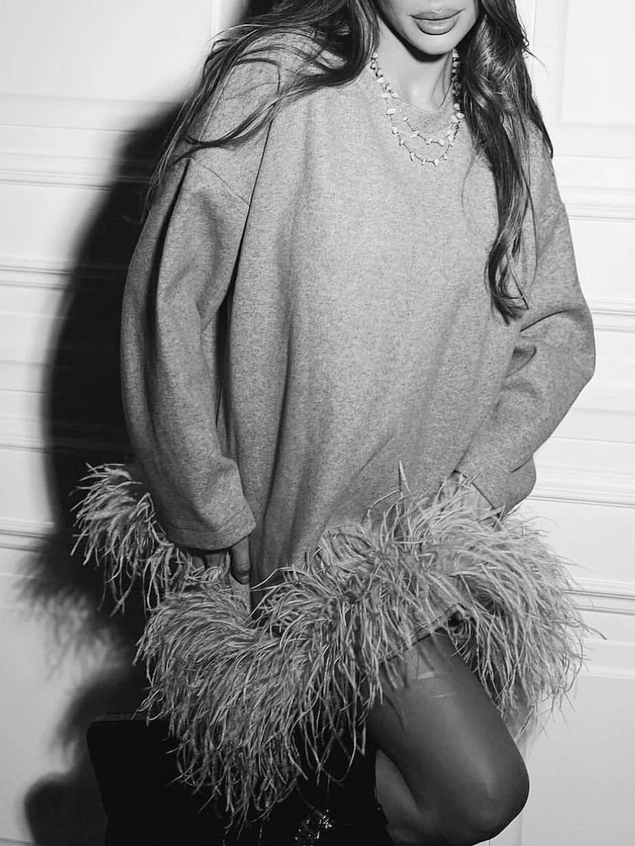 WHITNEY WANG Designer Style 2024 Spring Fashion Streetwear Real Puffy Ostrich Feathers Trim Sweatshirt Women Hoodies