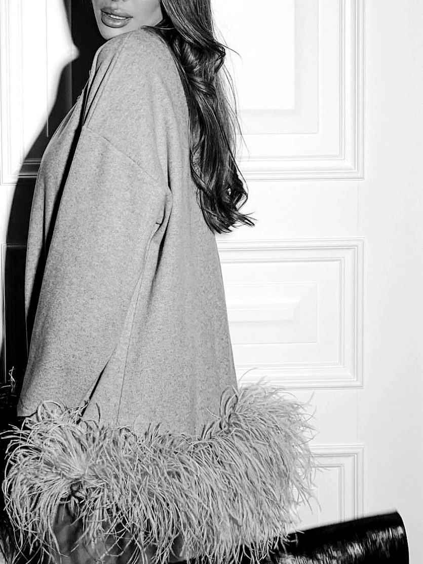 WHITNEY WANG Designer Style 2024 Spring Fashion Streetwear Real Puffy Ostrich Feathers Trim Sweatshirt Women Hoodies