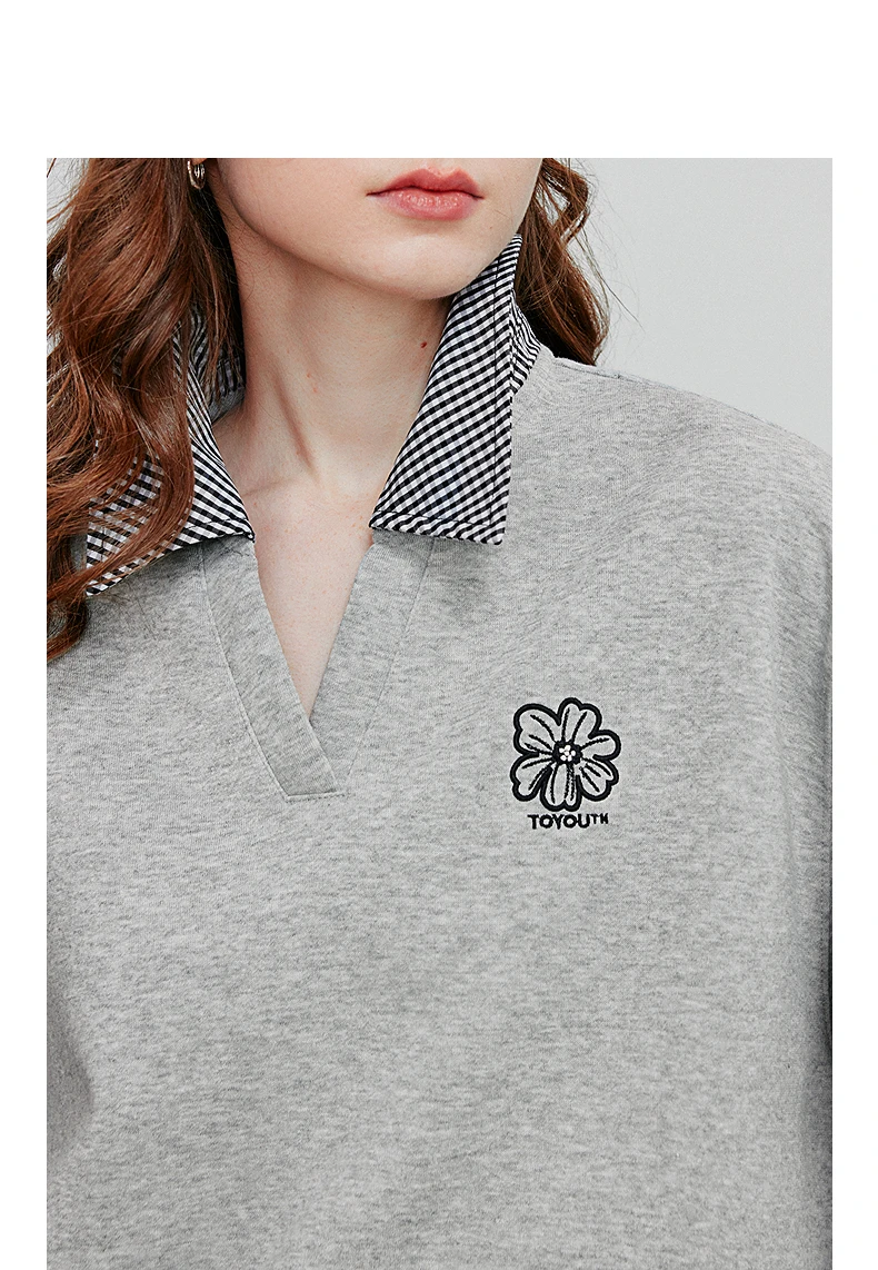 TOYOUTH Women's Hoodies Sweatshirt 2026 Autumn New Fake Two Piece Spliced Turn Down Collar Cotton Embroidered Pullover Tops