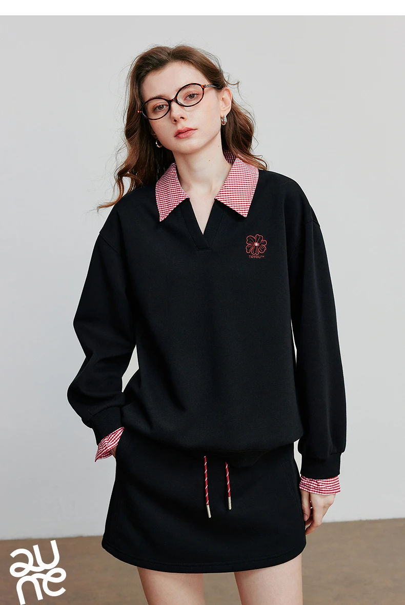 TOYOUTH Women's Hoodies Sweatshirt 2026 Autumn New Fake Two Piece Spliced Turn Down Collar Cotton Embroidered Pullover Tops