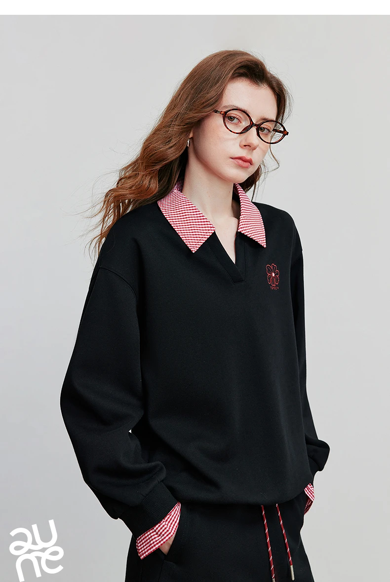 TOYOUTH Women's Hoodies Sweatshirt 2026 Autumn New Fake Two Piece Spliced Turn Down Collar Cotton Embroidered Pullover Tops
