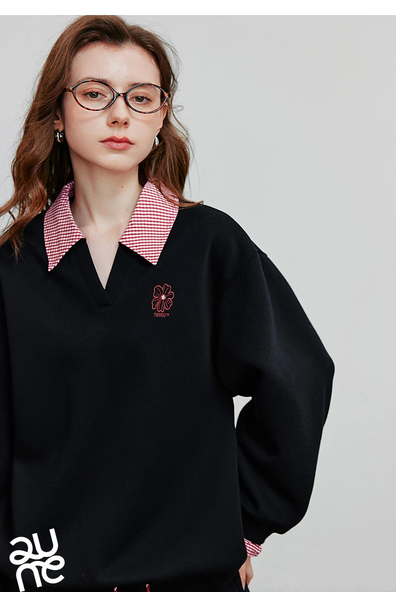 TOYOUTH Women's Hoodies Sweatshirt 2026 Autumn New Fake Two Piece Spliced Turn Down Collar Cotton Embroidered Pullover Tops