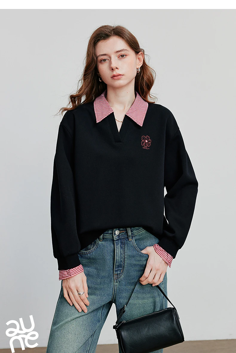 TOYOUTH Women's Hoodies Sweatshirt 2026 Autumn New Fake Two Piece Spliced Turn Down Collar Cotton Embroidered Pullover Tops