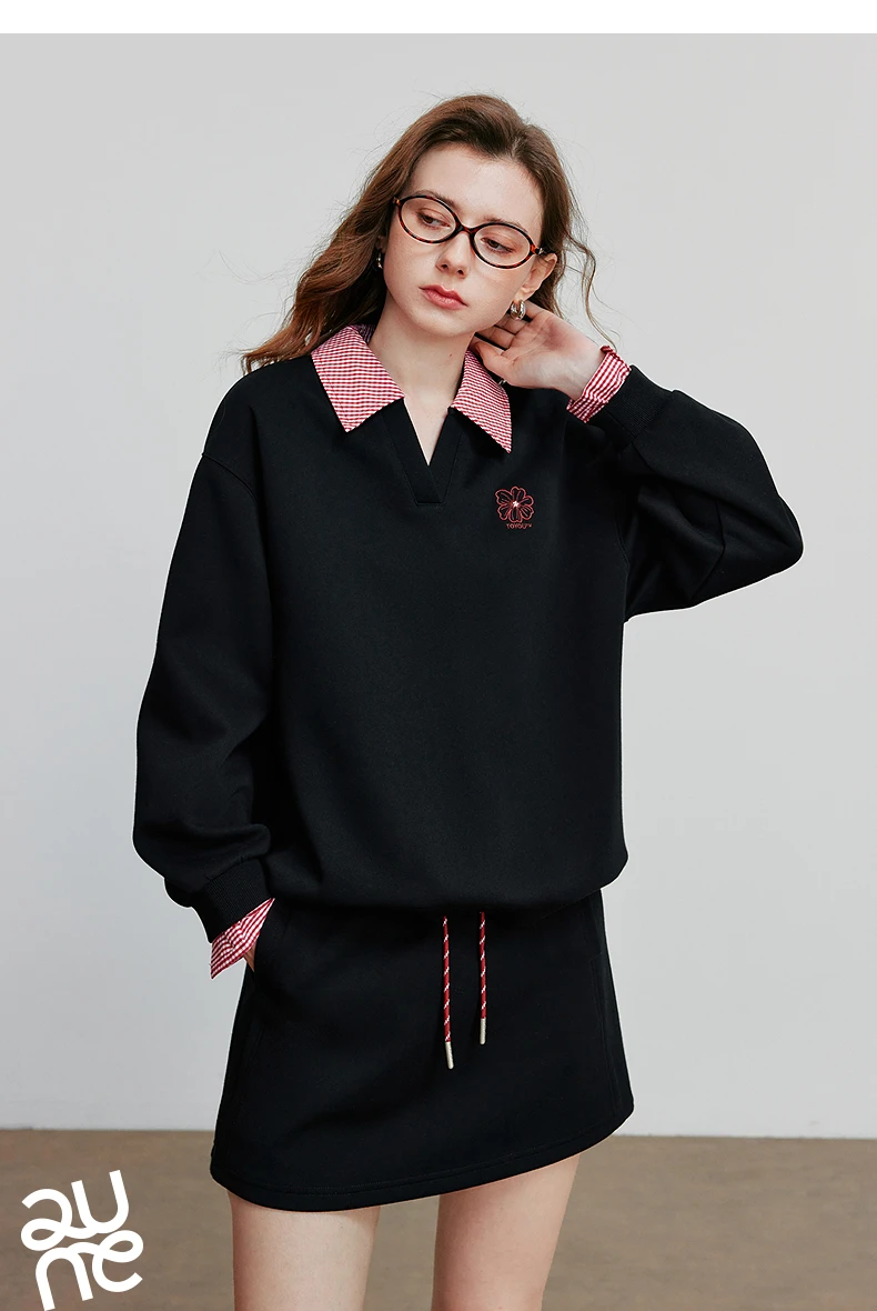 TOYOUTH Women's Hoodies Sweatshirt 2026 Autumn New Fake Two Piece Spliced Turn Down Collar Cotton Embroidered Pullover Tops