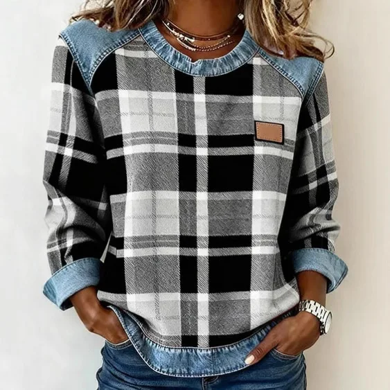 Spring Autumn Checkered Print Loose Hoodie Woman Fashion O-neck Color Matching Sweatshirt Ladies Office Versatile Pullover