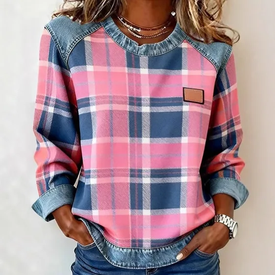 Spring Autumn Checkered Print Loose Hoodie Woman Fashion O-neck Color Matching Sweatshirt Ladies Office Versatile Pullover