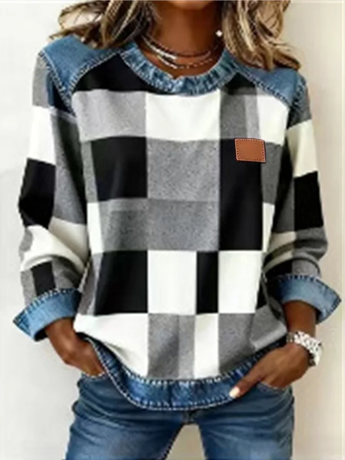 Spring Autumn Checkered Print Loose Hoodie Woman Fashion O-neck Color Matching Sweatshirt Ladies Office Versatile Pullover