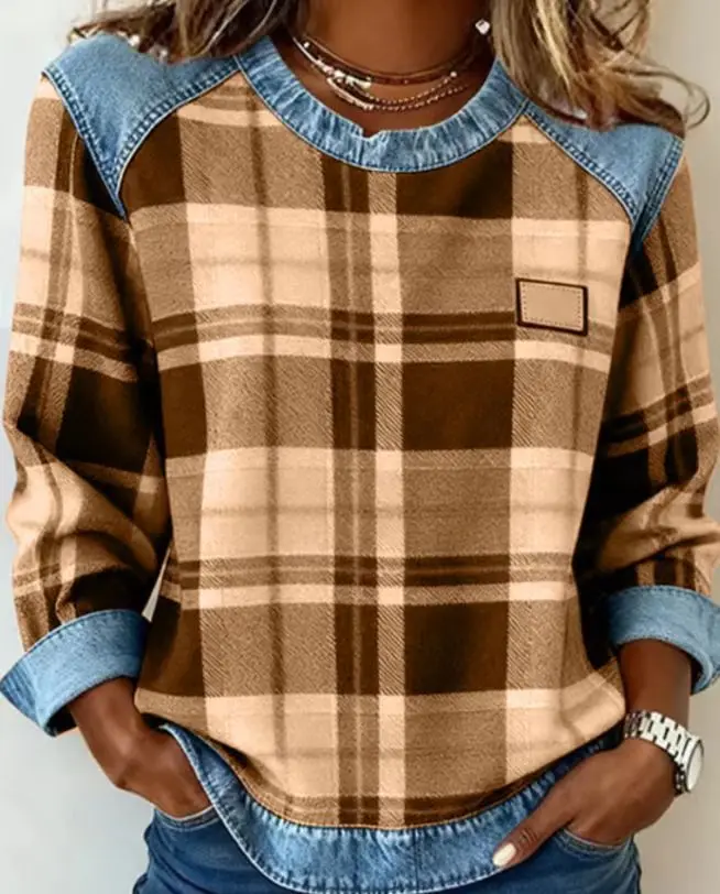 Spring Autumn Checkered Print Loose Hoodie Woman Fashion O-neck Color Matching Sweatshirt Ladies Office Versatile Pullover
