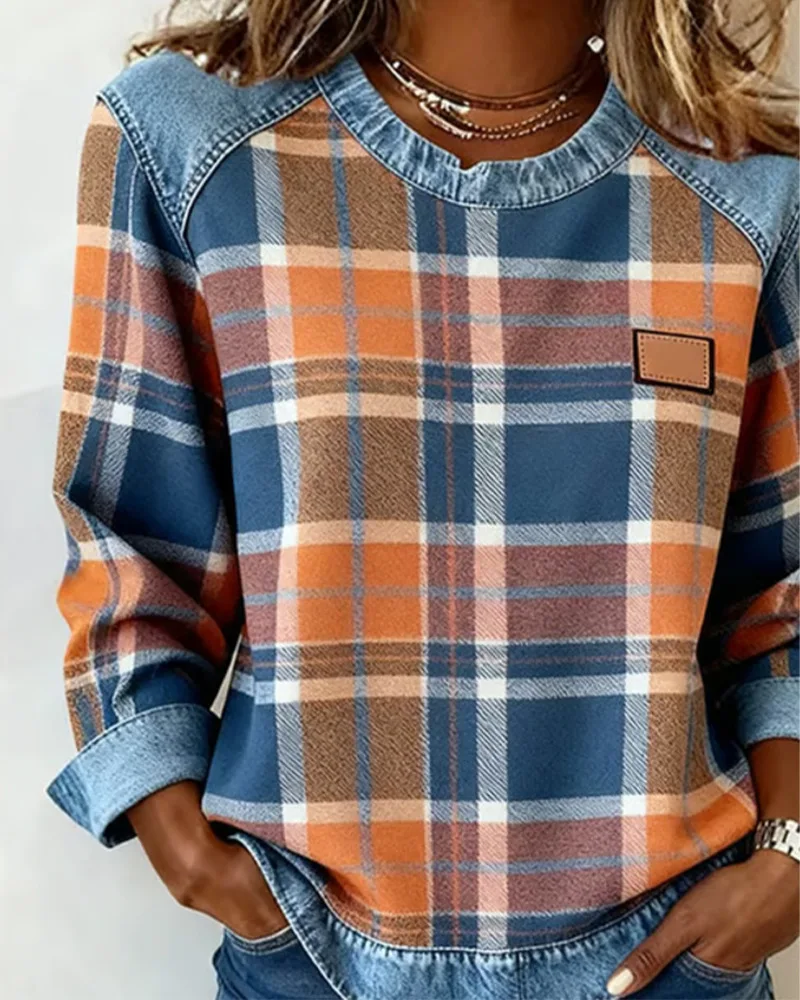 Spring Autumn Checkered Print Loose Hoodie Woman Fashion O-neck Color Matching Sweatshirt Ladies Office Versatile Pullover