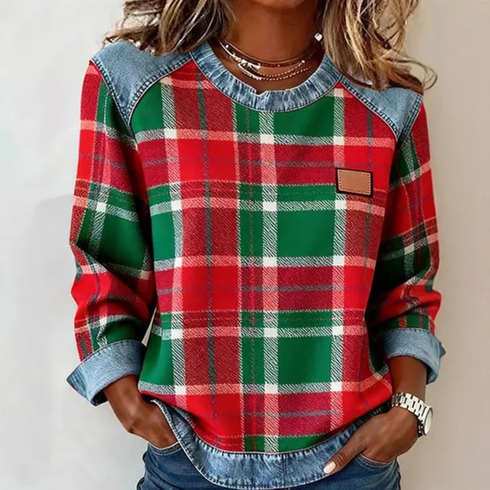 Spring Autumn Checkered Print Loose Hoodie Woman Fashion O-neck Color Matching Sweatshirt Ladies Office Versatile Pullover