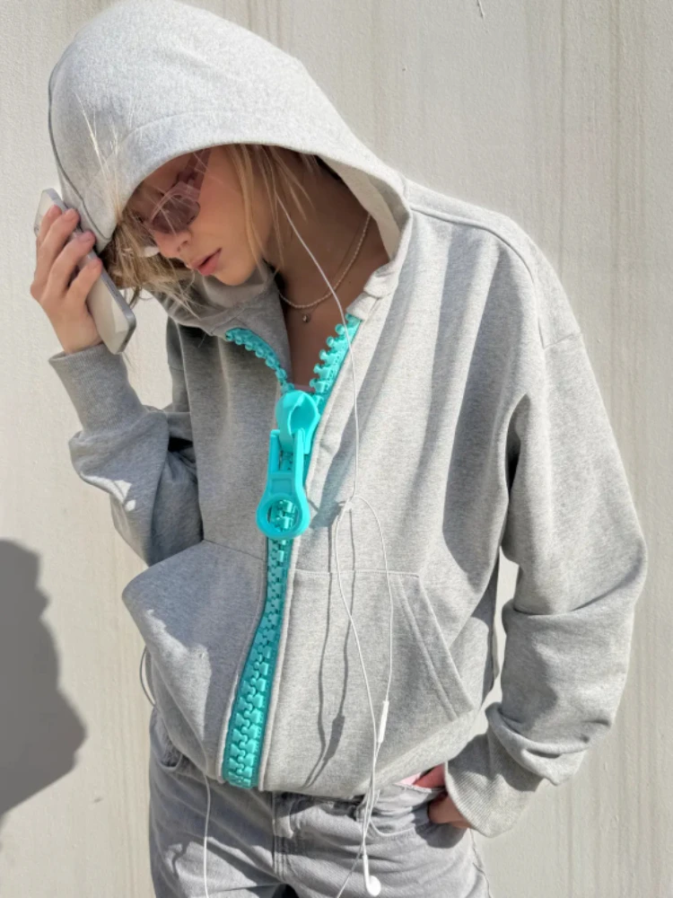 Subculture Y2K Vintage Oversized Zip Up Hoodie Women Big Contrast Zipper Cropped Unique Design Casual Streetwear Sweatshirt 2026