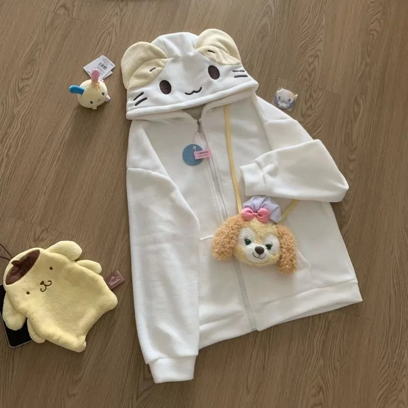 Kawaii Lolita Style Women Fleece Hoodies Cutecore Oversize Japanese Soft Girl Zipper Sweatshirt Casual Cartoon Cardigan Jacket