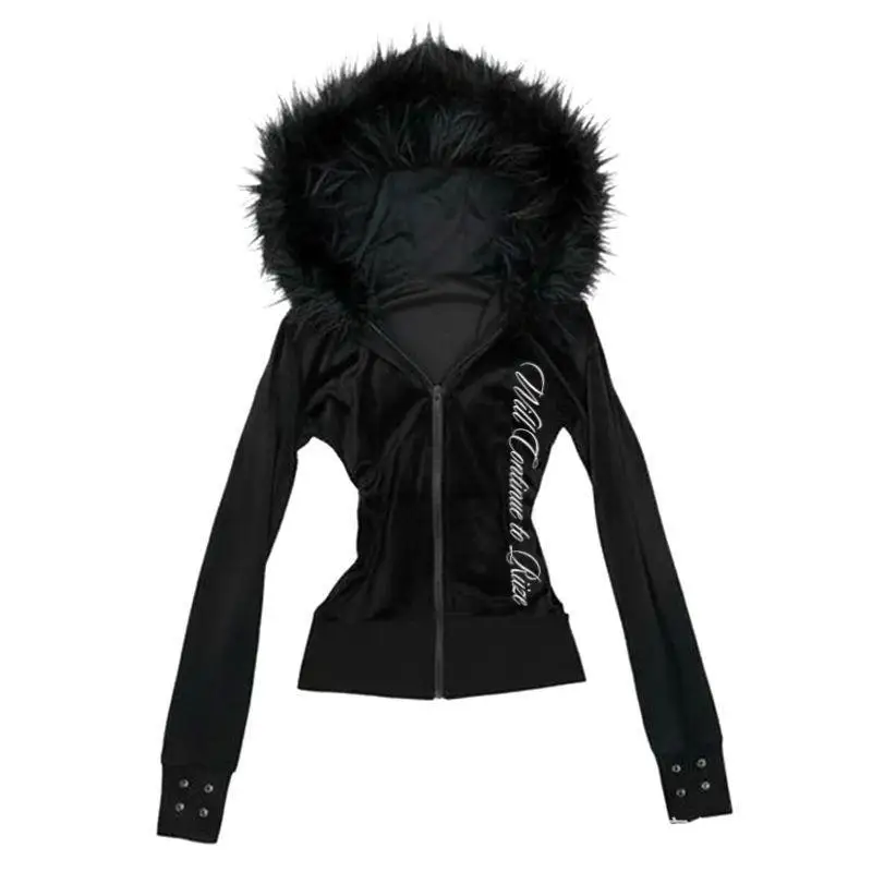 Hoodie Coat Women Punk Hooded Sweatshirt Fur Collar Jacket Zipper Pockets Female Streetwear Vintage Outerwear Spring 2026