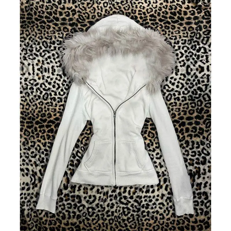 Hoodie Coat Women Punk Hooded Sweatshirt Fur Collar Jacket Zipper Pockets Female Streetwear Vintage Outerwear Spring 2026