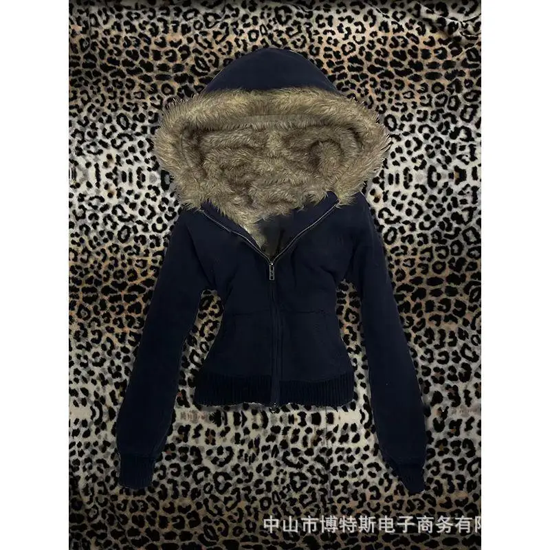 Hoodie Coat Women Punk Hooded Sweatshirt Fur Collar Jacket Zipper Pockets Female Streetwear Vintage Outerwear Spring 2026
