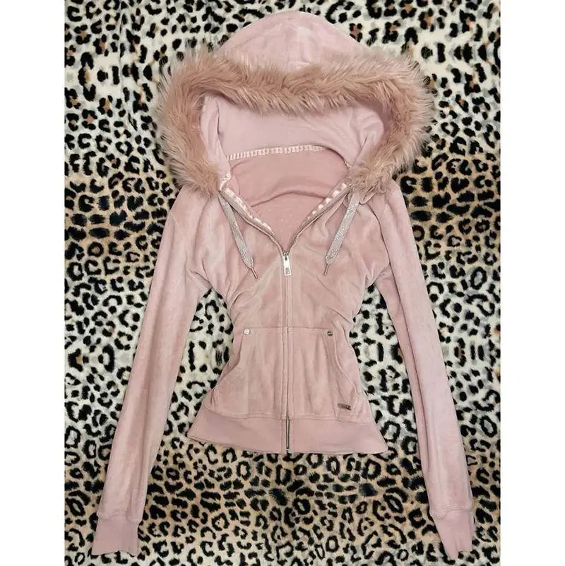 Hoodie Coat Women Punk Hooded Sweatshirt Fur Collar Jacket Zipper Pockets Female Streetwear Vintage Outerwear Spring 2026
