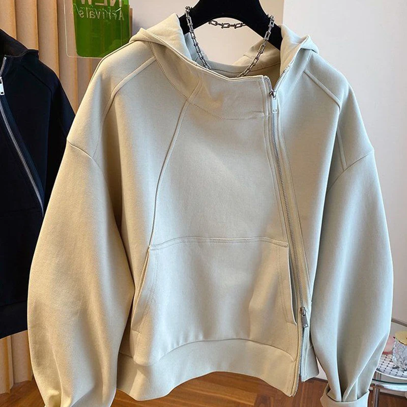 French style fashion irregular diagonal zipper hooded sweater women's loose temperament in spring and autumn design casual coat
